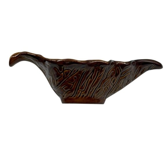 Over And Back Outfitters Stoneware Gravy Boat Glazed Brown White Leaf Ceramic - Picture 4 of 7